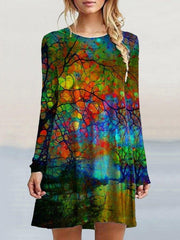 Green A-Line Crew Neck Long Sleeve Dresses