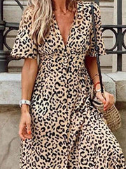 Khaki Short Sleeve V Neck Vintage Dresses