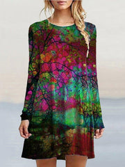 Green A-Line Crew Neck Long Sleeve Dresses