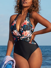 Floral Print V Neck Halter Neck One Piece Swimwear