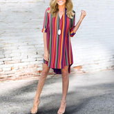 V Neck Stripes Half Sleeve Vacation Casual Dresses