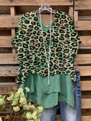 Green Printed Leopard Print V Neck Short Sleeve Shirts & Tops