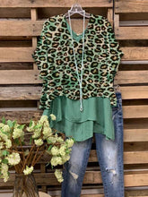 Green Printed Leopard Print V Neck Short Sleeve Shirts & Tops