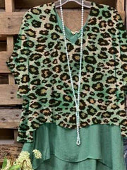 Green Printed Leopard Print V Neck Short Sleeve Shirts & Tops