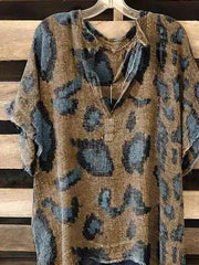 Khaki V Neck Leopard Print Casual Short Sleeve Shirts & Tops