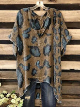 Khaki V Neck Leopard Print Casual Short Sleeve Shirts & Tops