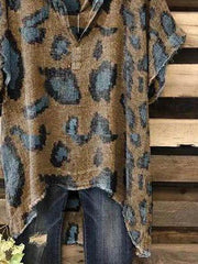 Khaki V Neck Leopard Print Casual Short Sleeve Shirts & Tops