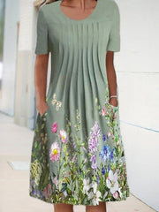 Floral A-Line Short Sleeve Crew Neck Dresses