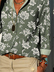 Green Floral Printed Long Sleeve Casual Shirt Collar Shirts & Tops