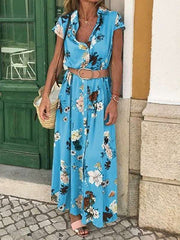 Floral Printed Short Sleeve Lapel Belt Maxi Dresses
