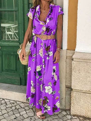 Floral Printed Short Sleeve Lapel Belt Maxi Dresses