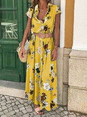Floral Printed Short Sleeve Lapel Belt Maxi Dresses