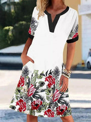 Leaf Short Sleeve A-Line Printed Dresses