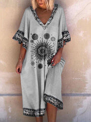 Gray Tribal Half Sleeve V Neck Vintage Dresses
