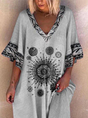 Gray Tribal Half Sleeve V Neck Vintage Dresses