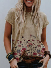 Khaki Simple Round Neck Printed Cotton-Blend Shirts & Tops