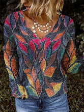 Long Sleeve Leaves V Neck Floral-Print tops Sweaters
