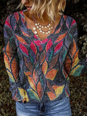 Long Sleeve Leaves V Neck Floral-Print tops Sweaters