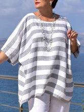 Gray Crew Neck Linen Short Sleeve Striped Shirts & Tops