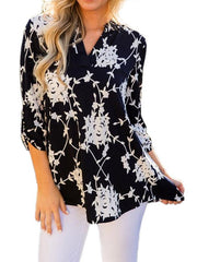Flower Printed Long Sleeve V Neck Woman Blouses