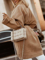 Khaki Shawl Collar Plain Shift Long Sleeve Outerwear