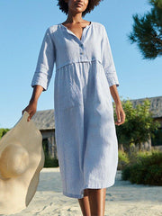 High-Twist Linen V Neck Solid Holiday Buttoned Dresses