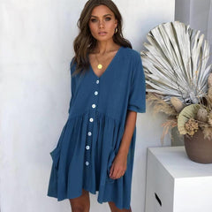 Summer Solid Color Casual Loose Pockets Mini Dress