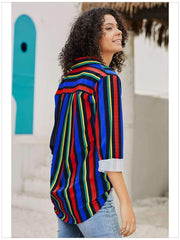Stripe Lapel Long sleeve Plus Blouses