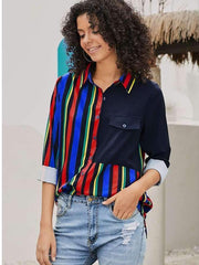 Stripe Lapel Long sleeve Plus Blouses