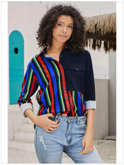 Stripe Lapel Long sleeve Plus Blouses