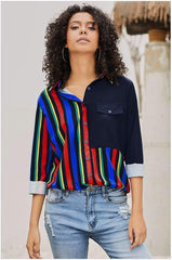 Stripe Lapel Long sleeve Plus Blouses