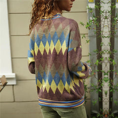 Geometry Color Block High Collar Long Sleeves Round Collar T Shirt