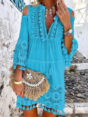 Fashion Women Off Shoulder V neck Tassel Decoration Shift Dresses