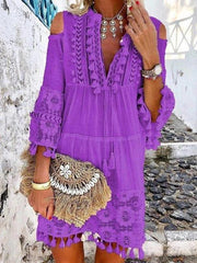 Fashion Women Off Shoulder V neck Tassel Decoration Shift Dresses