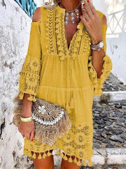 Fashion Women Off Shoulder V neck Tassel Decoration Shift Dresses