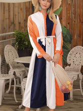 Fashion Stripe Stand collar Long sleeve Lacing Maxi Dresses