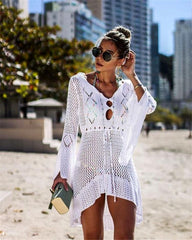 Hollow Knit Crocheted Flared Sleeve Bikini Suntan Dress