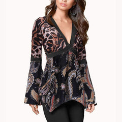 Floral V neck Gored Leopard print T-Shirts