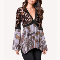 Floral V neck Gored Leopard print T-Shirts