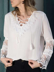 Lace V neck Mandarin sleeve T-Shirts