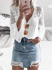 Fashionable v-neck lace patchwork flared sleeves BLOUSE