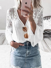 Fashionable v-neck lace patchwork flared sleeves BLOUSE