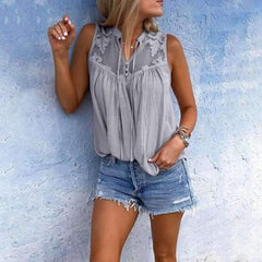 Lace V neck Sleeveless Chiffon Blouses