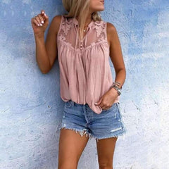 Lace V neck Sleeveless Chiffon Blouses