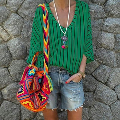 Fashion Stripe V neck Loose T-Shirts