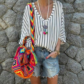 Fashion Stripe V neck Loose T-Shirts