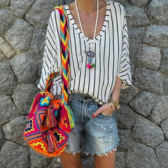 Fashion Stripe V neck Loose T-Shirts