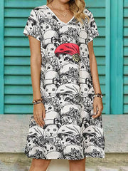 V neck fashion cat printed women shift dresses