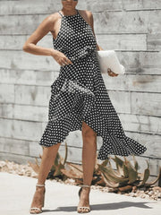 Fashion wave point lace-up irregular slim skater dress