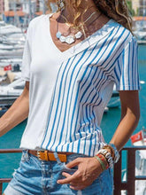Floral Stripe V neck Short sleeve T-shirts